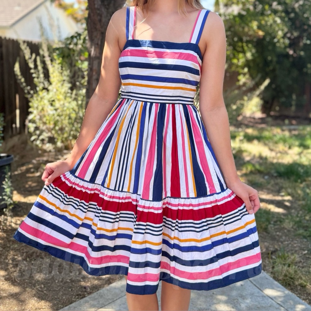 VINCE CAMUTO 8 Rainbow Mixed Stripe Tiered Midi Pocket Dress • Striped Sundress